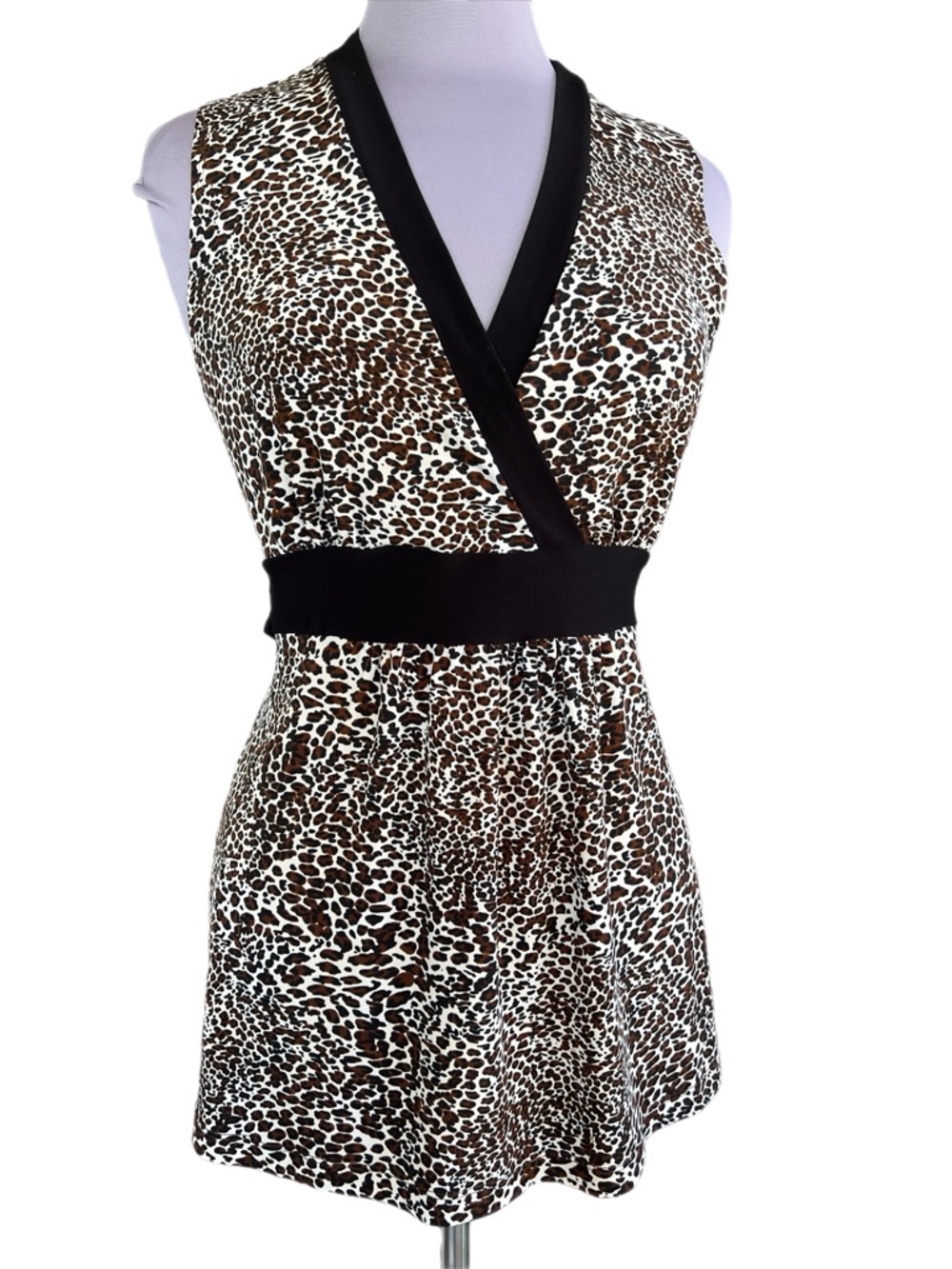 Susan Lawrence Brown and Cream Leopard Wrap Mini Dress with Black Trim